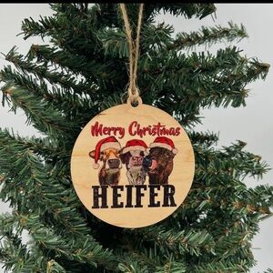 Merry Christmas Heifer Wooden Ornament